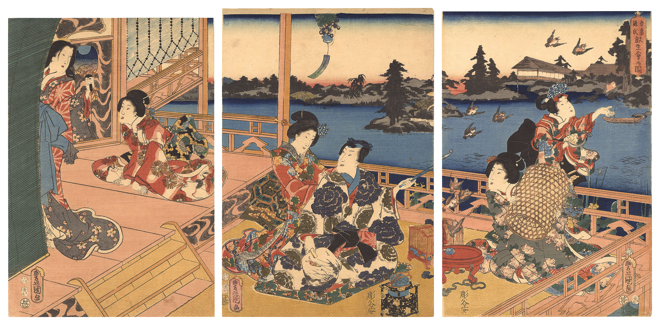 Toyokuni III “Eastern Genji Performing the Ritual of Freeing Living Things”