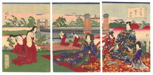 Kunichika and Kyosai / Eastern Genji / Pulling Up Young Pines in a Park before a Suspension Bridge [東源氏之内　小松曳園生之釣橋]