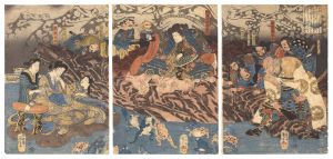 Kuniyoshi / Shoguntaro Yoshikado and His Allies Watching a Wrestling Match of Frogs [将軍太郎良門 蛙の力あらそい]