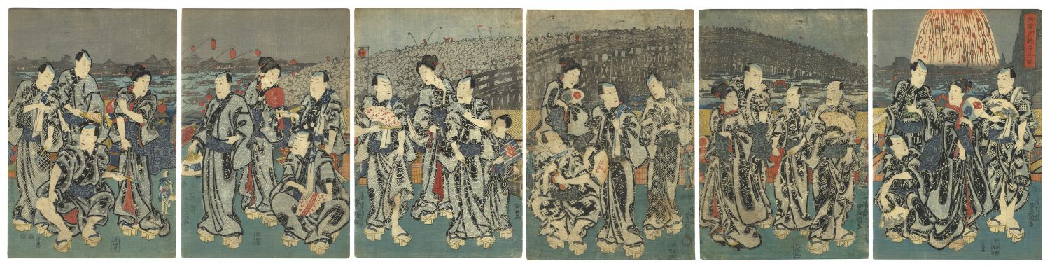 Toyokuni III “Enjoying the Cool of Evening at Ryogoku Bridge”
