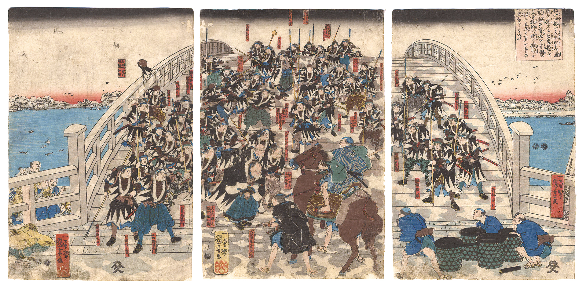 Kuniyoshi “Early in the Morning of the 15th Day of the 12th Month, 1702, the 47 Loyal Retainers, Having Achieved Their Goal, All Crossed Ryogoku Bridge with the Head of Their Enemy and Proceeded to the Memorial Temple”
