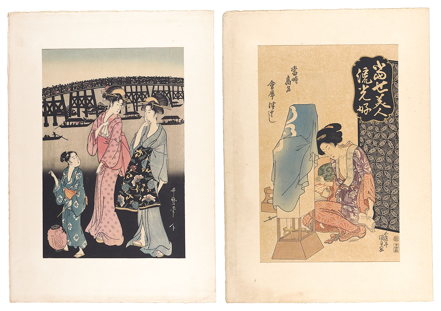 国貞 歌麿「行燈と遊女／両国花火【復刻版】」