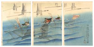 Kiyochika / Sasaki Takatsuna and Kajiwara Kagesue Ford the Uji River with Horses [宇治川佐々木高綱梶原景季水馬図]