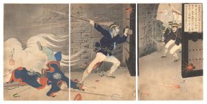 Toshikata / Private Harada Jukichi Opens the Hyeonmu Gate from Within the Fort at Pyongyang [平壌激戦玄武門攻撃ノ際清兵嶮ニ據テ善ク防御シ日軍頗ル苦戦ス時ニ一勇兵アリ城壁ヲ乗越遂ニ関門大勝、倚テ古今ノ大功ヲ顕ス此人ハ誰ソ三河国住人歩兵一等卒原田重吉氏則是ナリ]
