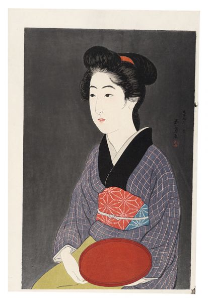 Hashiguchi Goyo “Waitress with a Red Tray (Portrait of Onao, a Maid at the Matsuyoshi Inn, Kyoto)”