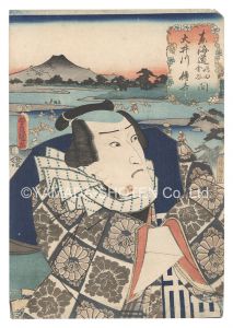 Toyokuni III / Actors for the Fifty-three Stations of the Tokaido Road / O'i River, between Shimada and Kanaya: Denkichi [役者見立東海道五十三駅　島田金谷間 大井川 伝吉]