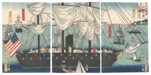 Yoshiiku / Large American Ship and Distant View of Other Ships from the Four Nations [亜米利加国大船之図 其余五箇国大船之写生遠景]