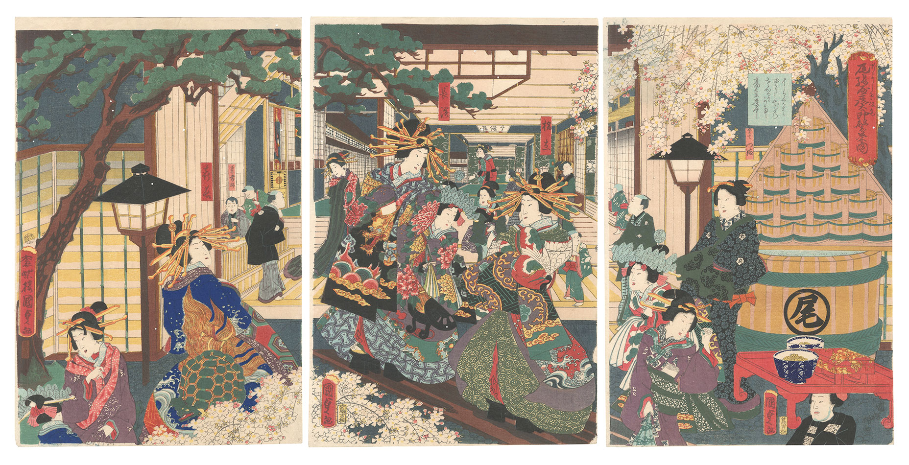 Kunisada II “The New Yoshiwara in Temporary Quarters: Illustration of the Prosperity of Owariya Hikotaro”