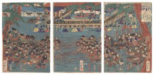 Yoshitsuya / In Preparation to Conquer the Heike at Their Stronghold in Ichinotani, Lord Yoritomo Makes Noriyori and Yoshitsune the Leaders of Two Sides with Long and Short Spears and Observes Their Practice Maneuvers [右大将頼朝公一の谷に楯篭る平家を攻落さんと範頼義経を両将と定めて長短の鎗をもつて手練の駈引を上覧の図]