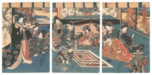Toyokuni III / The Scene of the Tokaido Board Game, from the Play Koi Nyobo Somewake Tazuna [恋女房染分手綱]