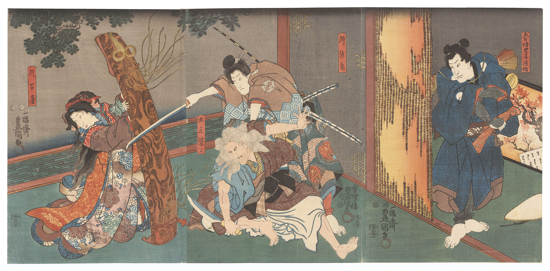 Toyokuni III “Kabuki Play: Kotoba no Hana Momiji no Yozakari”