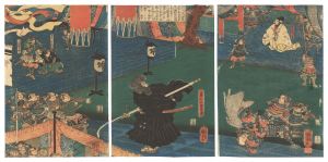 Kuniyoshi / Kagekiyo Attempts to Assassinate Yoritomo at the Great Buddha Hall of Todai-ji Temple [建久元年右大将頼朝上洛の後南都東大寺大仏殿再建成就して今日供養なりしと聞いて七兵衛景清ハ山門衆徒に姿をやつし源公の旅館を詞ふ処に庄司重忠これを悟りて土卒ニ下知し漸々搦捕て禁獄せしとなんつたへり]