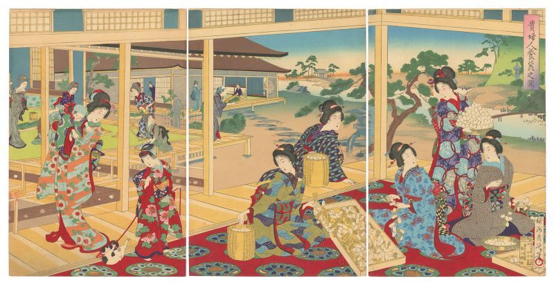 Chikanobu “Ladies Separating Cocoons from Straw Housing”