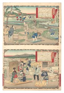Hiroshige III / Famous Products of Japan / Bingo Province: Planting Rush; Making Tatami Rush [大日本物産図会　備後国藺を植ル図 備後国畳表ヲ製図]