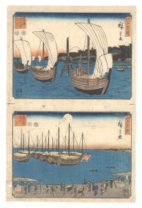 広重初代「江戸名所　芝浦増上寺遠望 高輪月の夕」